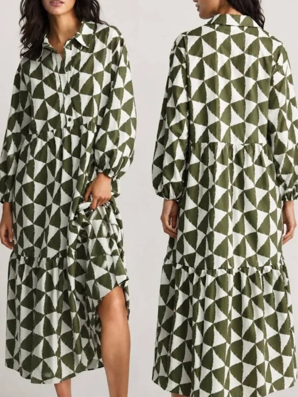 Anthropologie MAEVE The Bettina Tiered 100% Cotton Shirt Dress Green Print